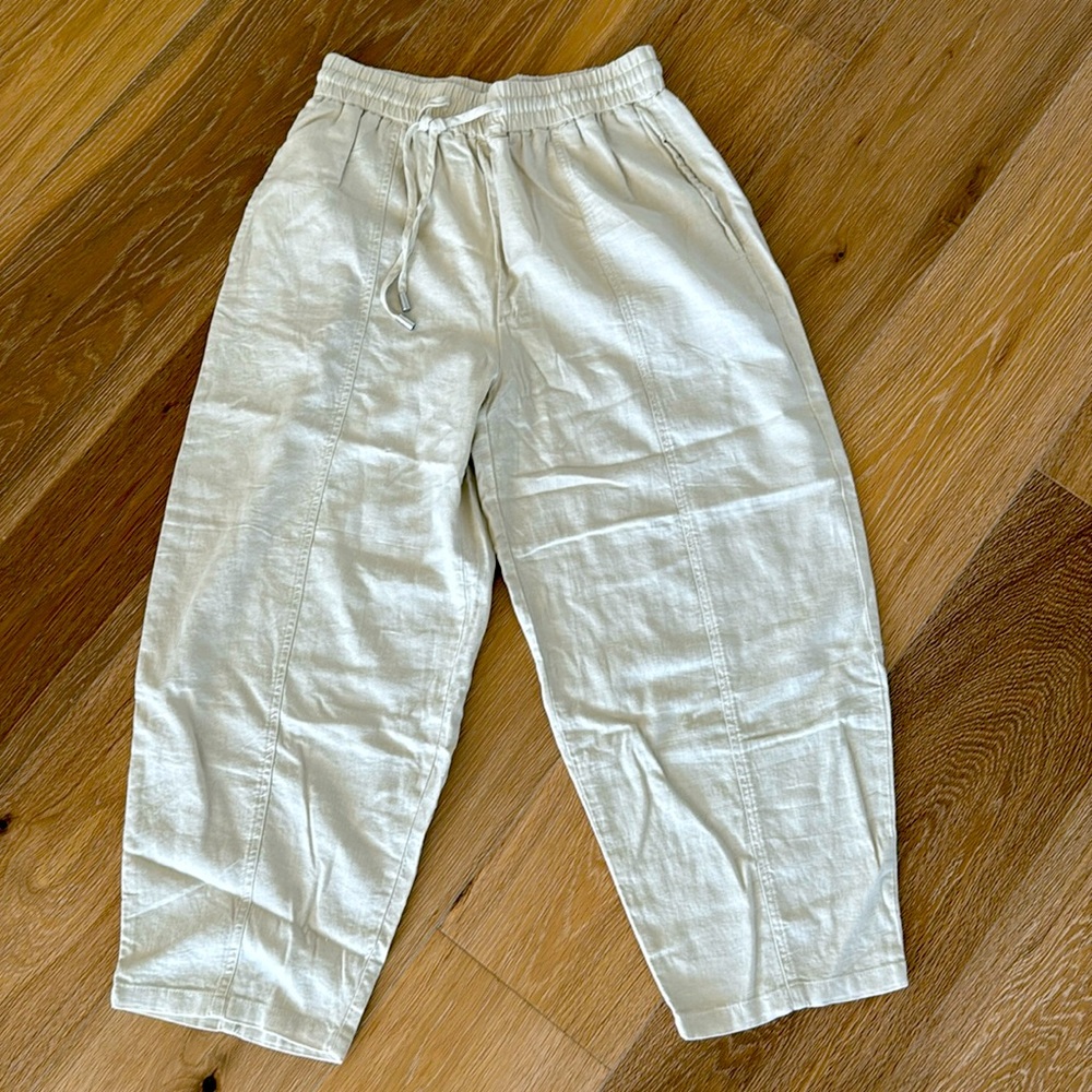 🥰NWT Zara Linen Blend Knickerbocker Drawstring Pull On Pant Sand. Size M